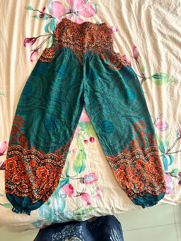Green  Orange Printed Elastic Waist Harem Pants - Comfortable Casual