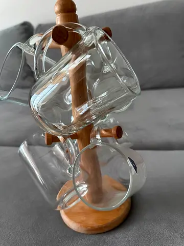 Wooden Mug Tree Stand with 6 Glass Mugs  Bamboo Serving Tray