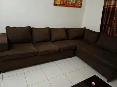 Brown L-shaped Fabric Sofa - 5-seater, good condition