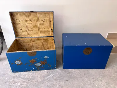 Vintage Blue Chinese Style Storage Trunks Set of 2