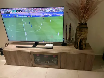 Low Modern Wooden TV Unit with Central Glass Cabinet