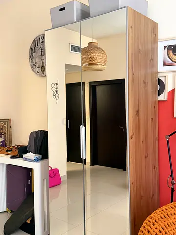 Two-door mirrored wardrobe in good condition - walnut finish