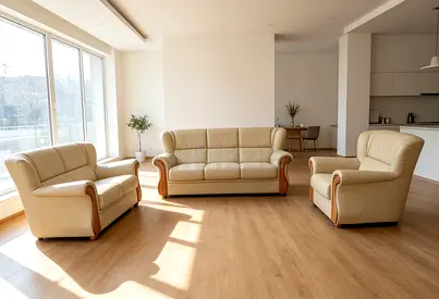 Beige Leather 3-Seater Sofa with Matching Armchairs - Set of 3
