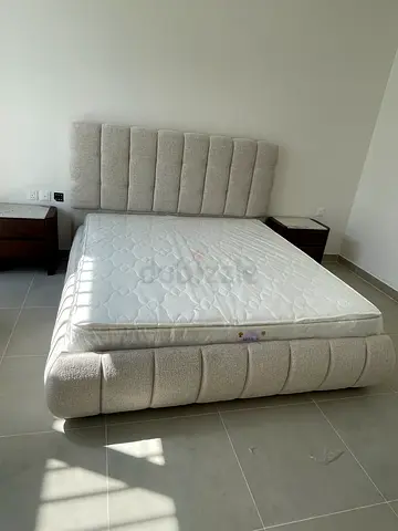 king upholstered bed frame with mattress - light beige, good condition