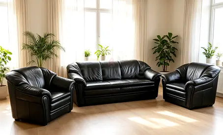 Black Leather 3-Seater Sofa with Two Armchairs - Good Condition