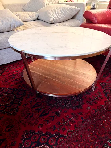 Round Two-Tier Coffee Table with Marble Top and Wooden Shelf
