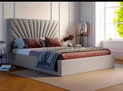 Modern king-size bed with padded headboard - light grey