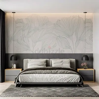 Minimalist King Bed with Side Tables and Decorative Wall Mural