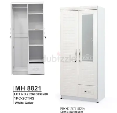 White 2-Door Wardrobe with Mirror Drawer (80x45x185 cm)