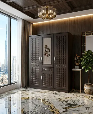 Brand New Wood 3-Door Wardrobe with Mirror For Sale