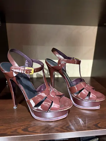YSL maroon patent leather high-heel platform sandals, size unknown