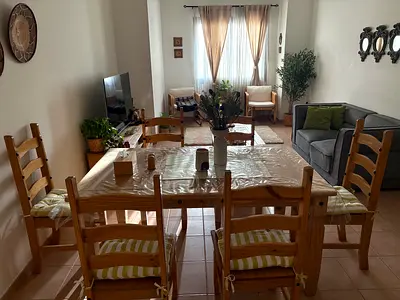 Solid Pine 6-Seater Dining Table with Padded Chairs