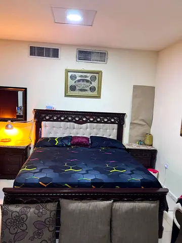 Solid wood king bed frame with mattress nightstands two side tables and dressing - good condition