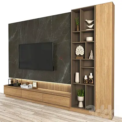 Modern wooden TV entertainment unit with open shelving and storage