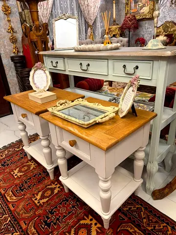 Potrry barn Pair of Rustic White Wooden Bedside Tables with Oak Tops