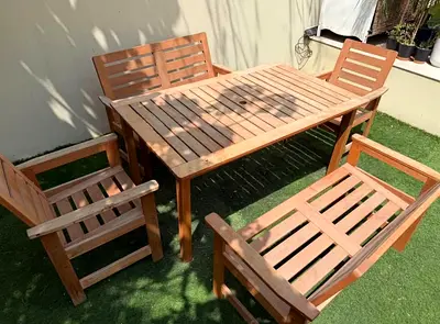 Solid Wood Outdoor Dining Set - Table with 4 Chairs  Bench