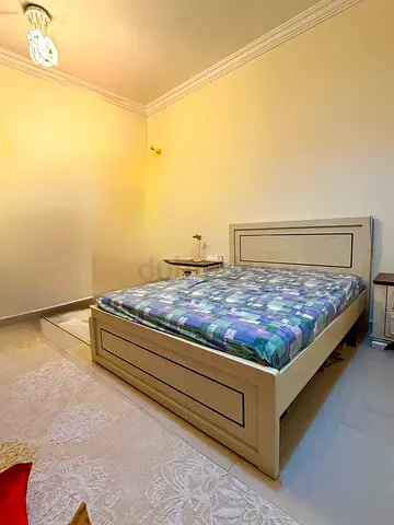 Queen size wooden bed With  mattress frame with headboard - light beige, good   condition