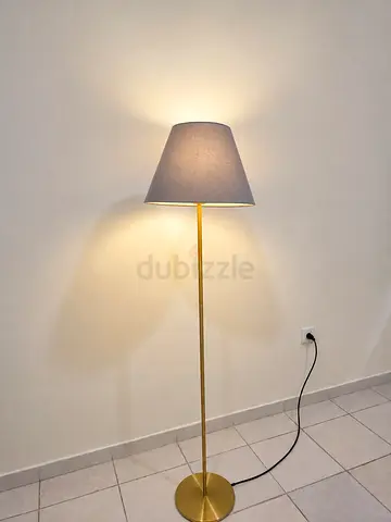 Tall Gold Floor Lamp with Gray Fabric Shade - Modern Standing Lamp. Bulb switch to be repaired