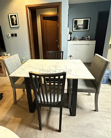 4 Seater 120x80cm Marble-top Dining Table with 2 + 2 Upholstered Chairs