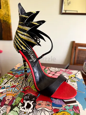 Womens designer black and red high heel sandals with decorative back