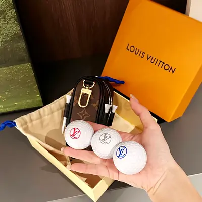 Set of 3 Louis Vuitton Logo Golf Balls with LV Ball Holder/Keychain