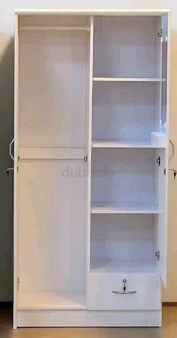 White Wooden Wardrobe with Hanging Rod and Shelves - Good Condition
