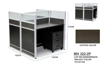 2-Seat Office Workstation Cluster with Drawers - Walnut/Coffee Color
