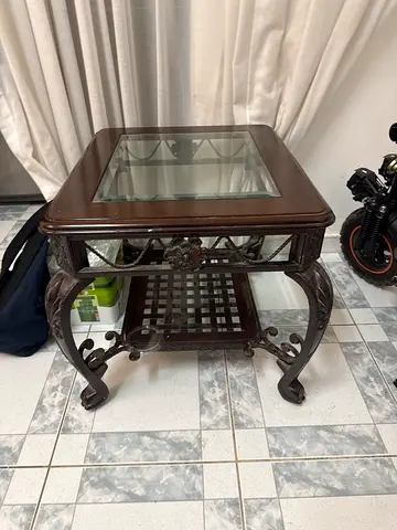 Wood and Glass Side Table with Ornate Metal Base