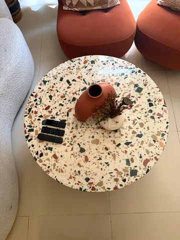Marble Round Terrazzo Coffee Table - White with Multicolor Chips