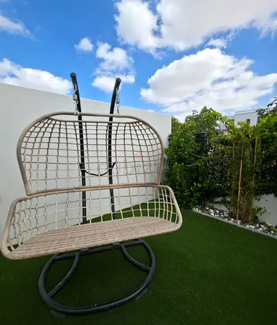 Outdoor Double Hanging Swing Chair - Rattan Style with Cushions