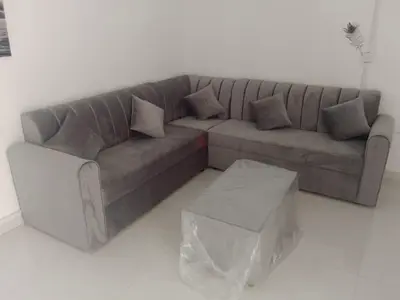 Brand new Gray L-shaped Velvet Corner Sofa with Cushions  table