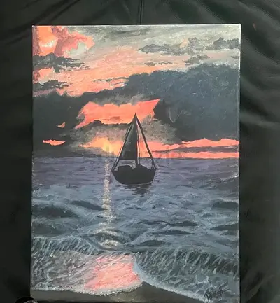 Original Seascape Painting with Sailboat at Sunset