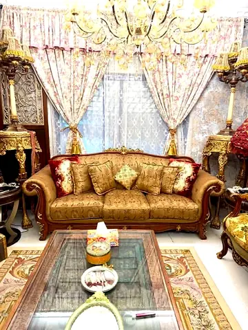 Classic ornate 3-seater sofa set in gold-brown upholstery with carved woodwith4 chairs