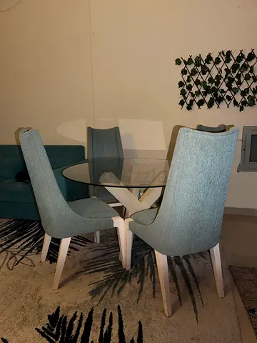 Glass Round Dining Table with 4 Upholstered Chairs - Light Blue