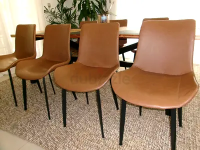 Set of 7 Modern Brown Leather Dining Chairs with Black Legs
