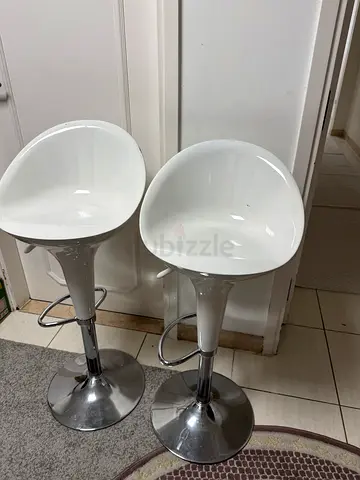 Set of 2 White Modern Adjustable Bar Stools with Chrome Base