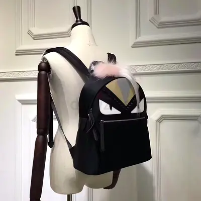 Fendi Black Bag Bugs Eyes Fox Fur Studs Backpack