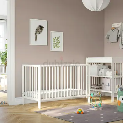 White Wooden Baby Crib with Matching Changing Table - Good Condition - Few Scribbles