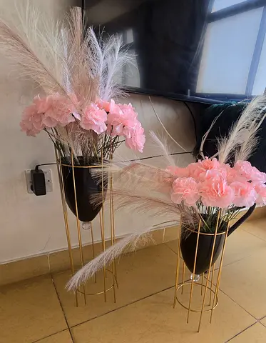 Set of 2 Gold Metal Floor Vases with Pink Artificial Flowers