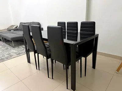 Black Modern Rectangular Dining Table - Metal Frame, Glass Top