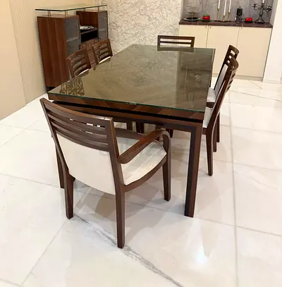 Wooden 6-Seater Dining Table with Glass Top and Cushioned Chairs