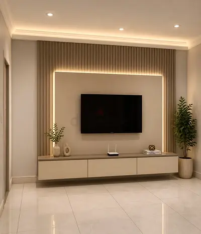 Modern wall-mounted TV entertainment unit with LED feature panel