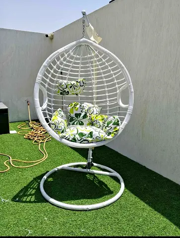 White Rattan Hanging Egg Chair with Floral Cushions - Free Standing
