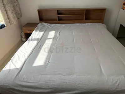 King bed with headboard and bedside table and dresser - light oak 3 pieces. With mattress and cover