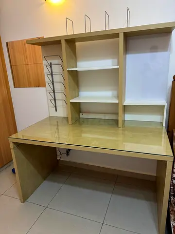 Study Table, Glass Top, Shelves, Pine Wood Color