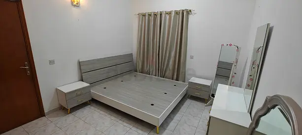 Queen size bed frame with two bedside tables and dresser - light grey