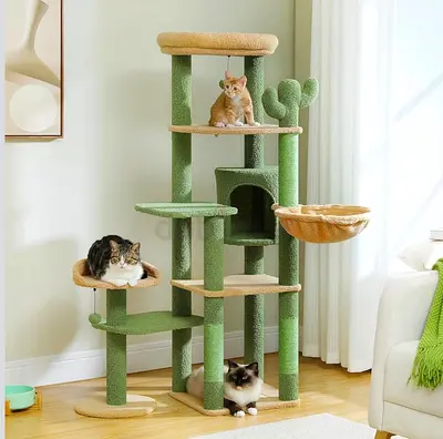 Large multi-level green cat tree with hammock and condo