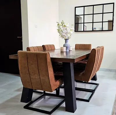 Dining Table Set – Dark Wood Top with 6 Suede Chairs