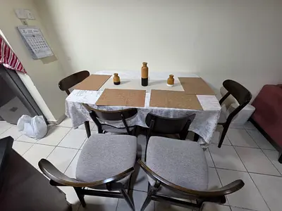 Wooden 6-Seater Dining Table with Cushioned Chairs, Table Cover, Table Runner - Good Condition.