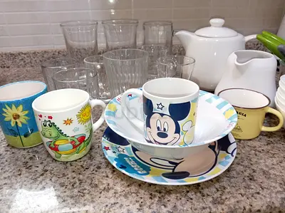Assorted mugs, cups and kids plates set - used